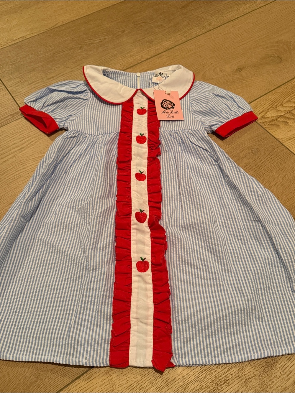 Mia Belle Kids Blue Stripe Dress with Red Apple Trim